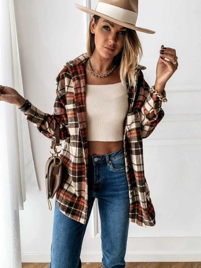 Women Ins Fashion Loose Casual Retro Plaid Long Sleeve Shirt