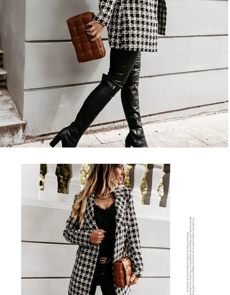 European and American Street Shot Autumn and Winter Women's Houndstooth Vintage Plaid Slim Fit Mid Length Long Length Long-Sleeved Woolen Coat Woolen Coat