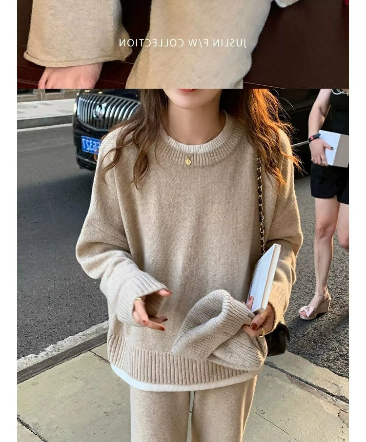 Classic Style Cashmere Sweater Suit Women's Autumn and Winter Fancy Lazy and Loose Knitted Top Wide Leg Pants Two-Piece Set