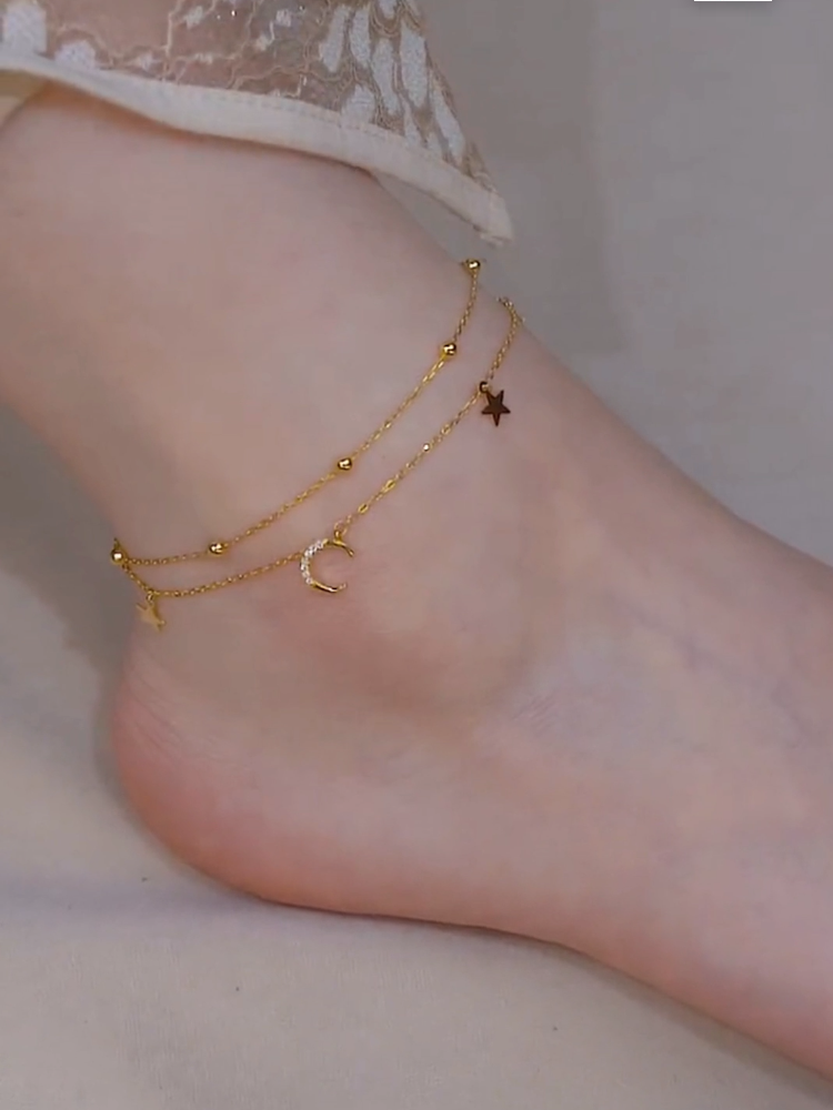 Fancy Double Circles Star Anklet Female 2024 New Arrival Trendy Summer Ins Special-Interest Design Non-Fading Titanium Steel Ankle Chain