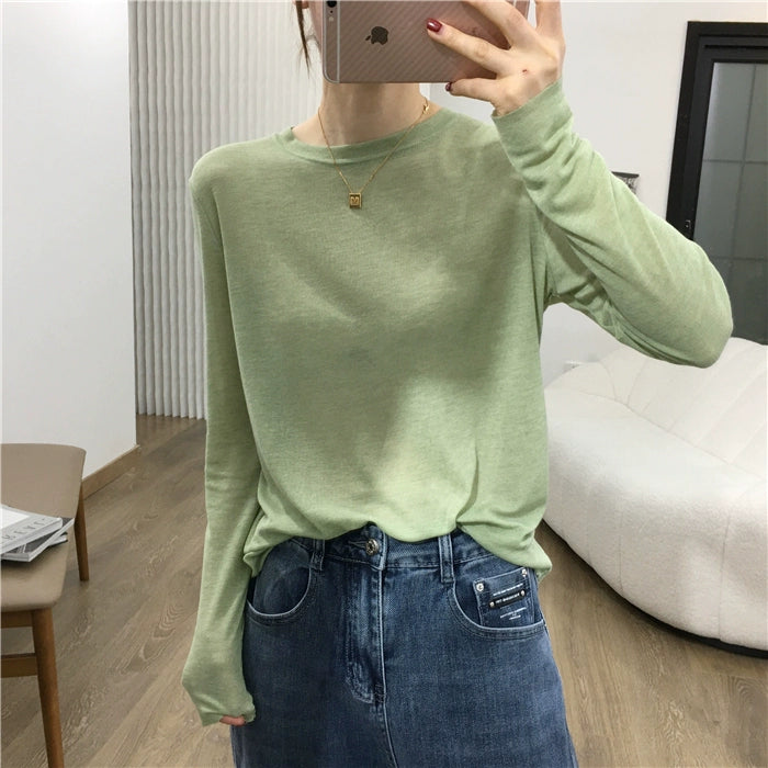 Simple Solid Color Long Sleeve Lightweight T-shirt