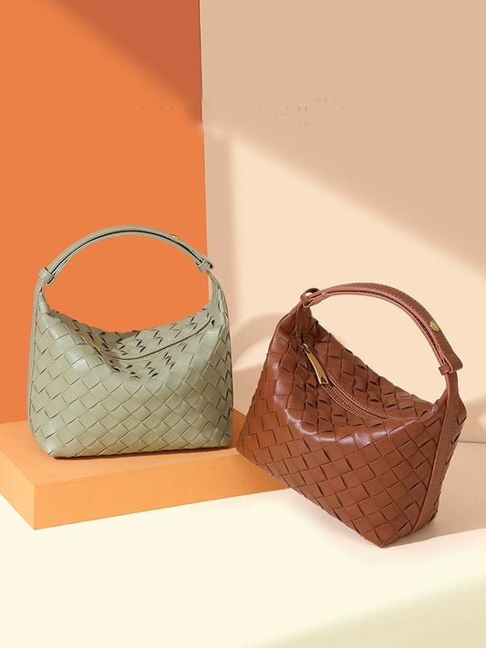 Women's Niche Style Leather Hand-Woven Lunch Bag