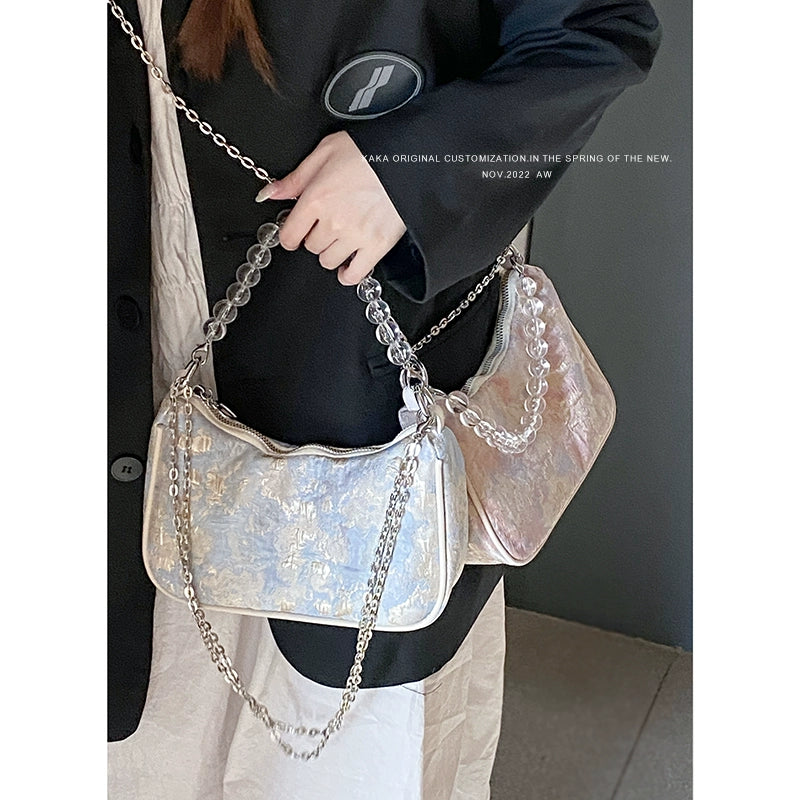 Women's Beaded Texture Chain Shoulder Small Square Bag