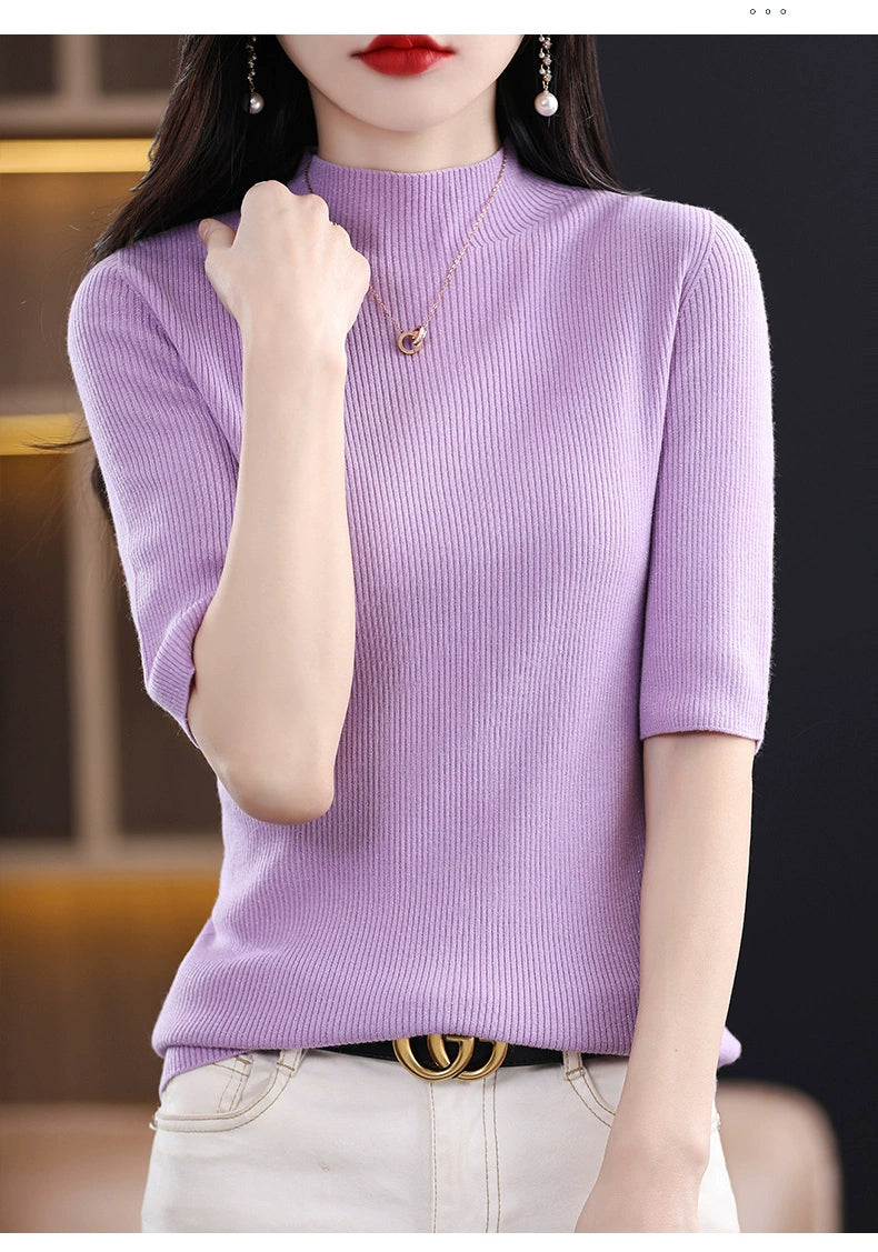 Spring & Fall Half Turtleneck Knitting Short Sleeve Women's Slim-Fit All-Match T-shirt Half Sleeve Shirt 2024 New Arrival Bottoming Shirt Half Sleeve