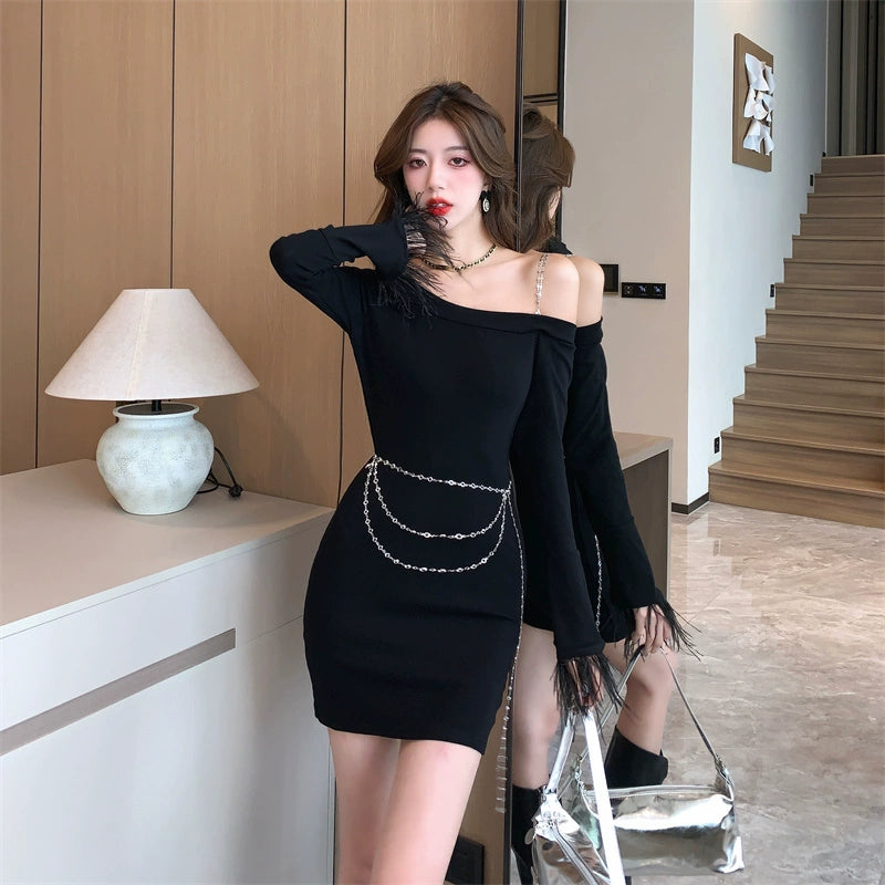 2023 New Sexy Black Slim-Fit Long Sleeve Dress