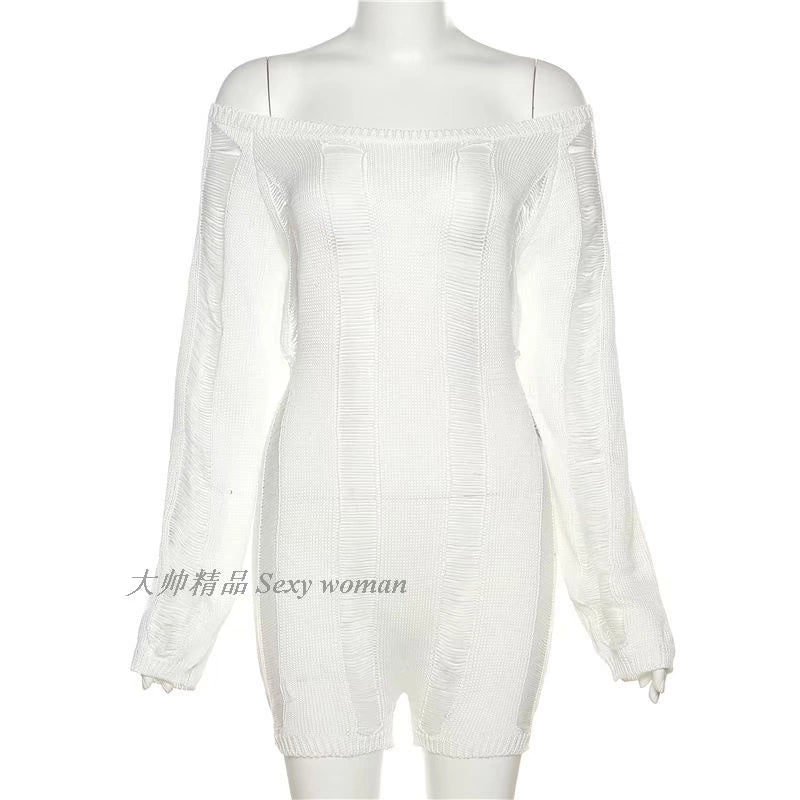 Knitted Slim Fitting Jumpsuit off-Shoulder Hollow-out Ripped Open Back Knitting Jumpsuit Women