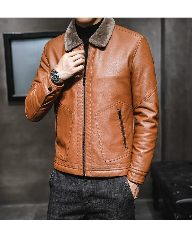 Winter Korean Style Fleece-Lined Thickened Handsome Lambswool Leather Jacket