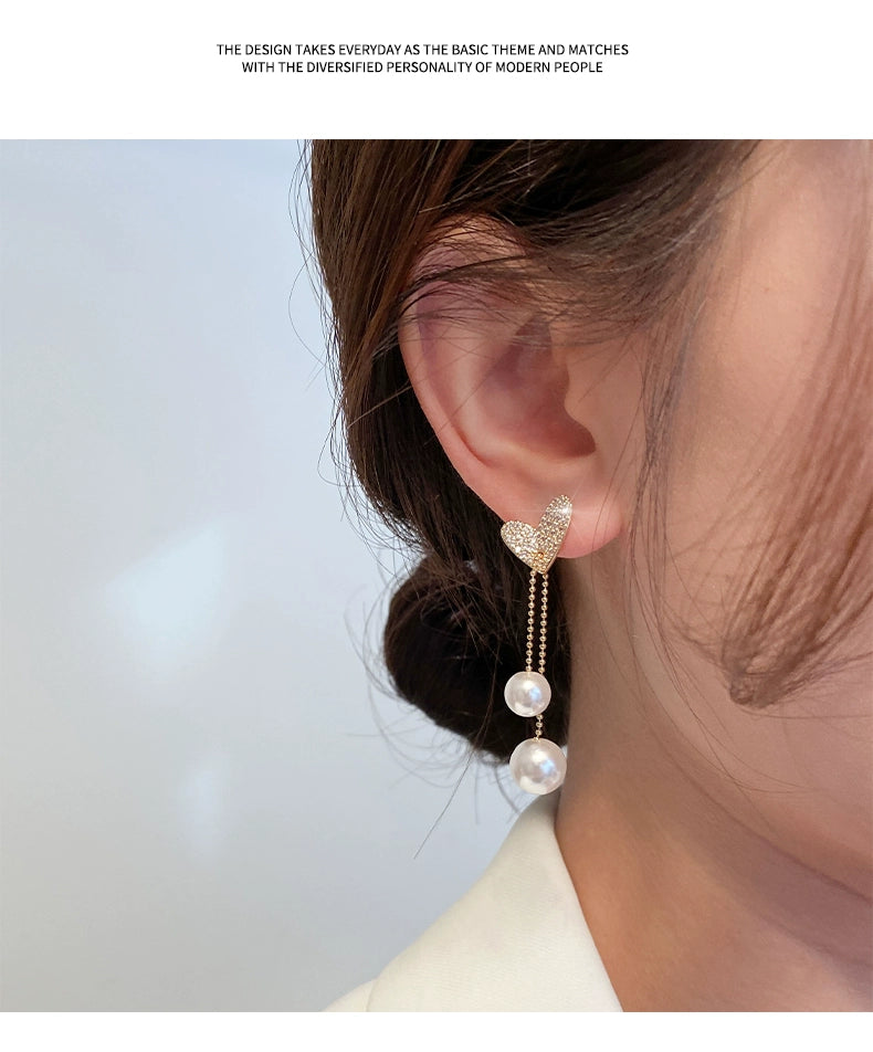 Light Extravagant Love Heart Niche Design Pearl Tassel Earrings