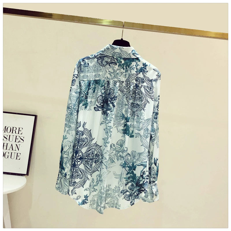 Fashion Floral Print Long Sleeve Loose Satin Silk Shirt