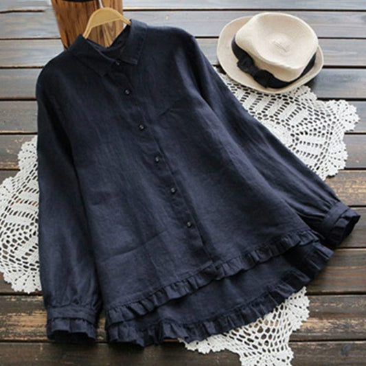 Solid Color Loose-Fit A- line Ruffle Shirt