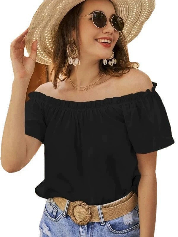 Off-the-Shoulder Ruffles Solid Color Top Shirt