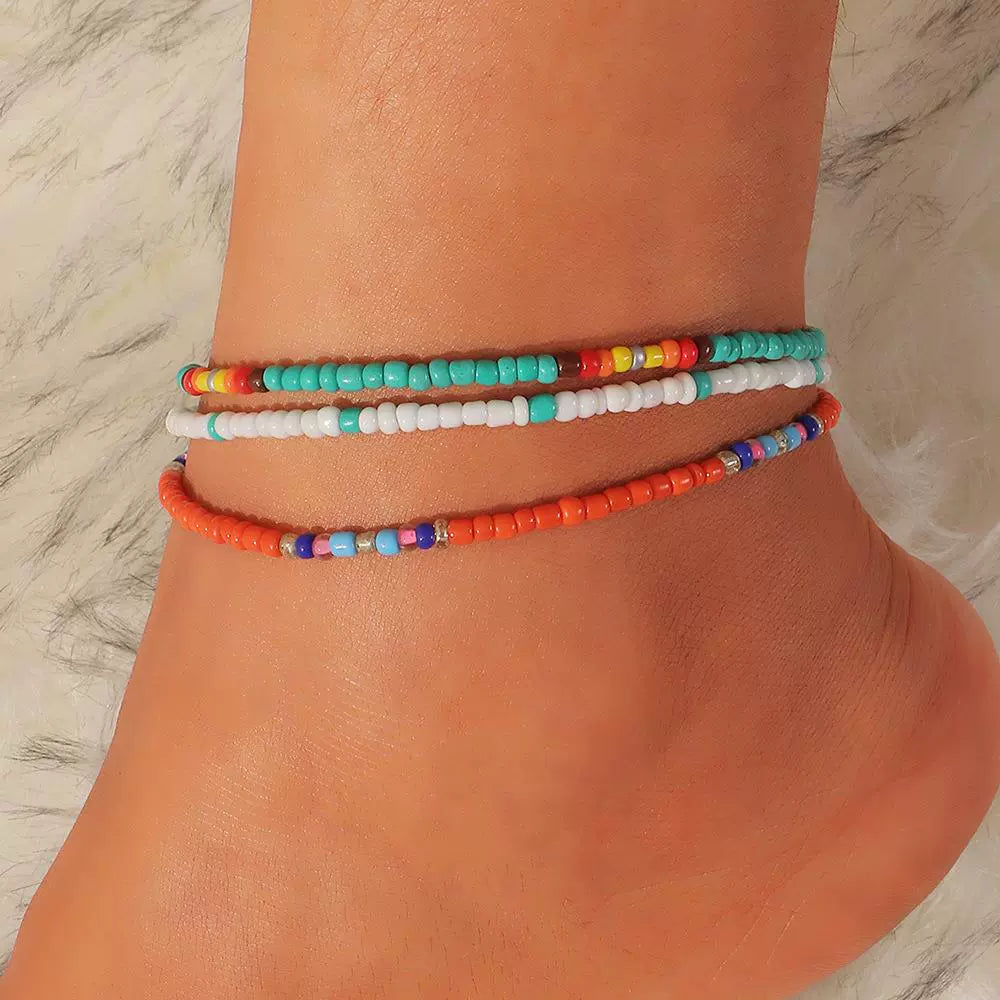 Cross-Border Bohemia Ethnic Style Color Bead Anklet Multi-Layer Hand-Woven Beads Ornament In Stock Ornament