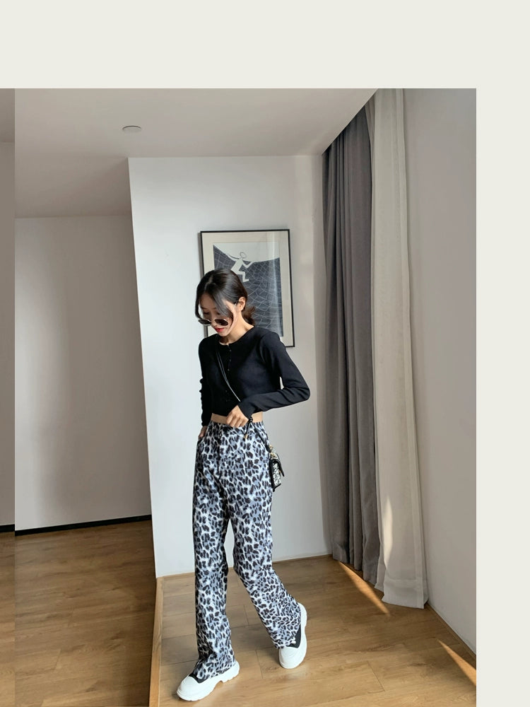 Women's High-End Leopard Print Trumpet Pants - High Waist, Casual, Slimming Drape, Retro Spring 2024 Mopping Pants