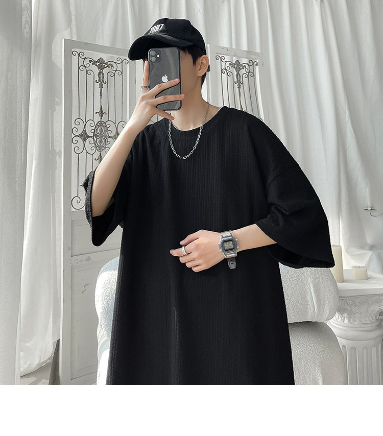 White Small Neckline T-shirt American Fashion Brand Fashion Short Sleeve Men's Half Sleeve Summer Large Size Loose Three-Quarter Length Sleeves T-shirt