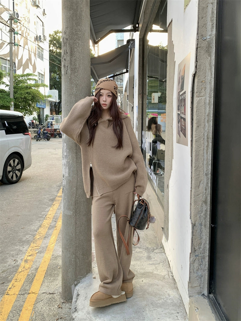 Suitable for Pregnant Women Suit Loose and Idle Side Zipper Turtleneck Knitting Sweater Loose Pants Two Piece Set for Pregnant Women