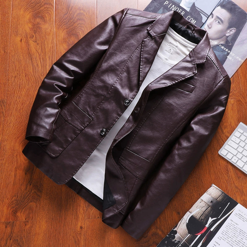 Spring Thin Casual Middle-Aged Suit Collar Leather Jacket