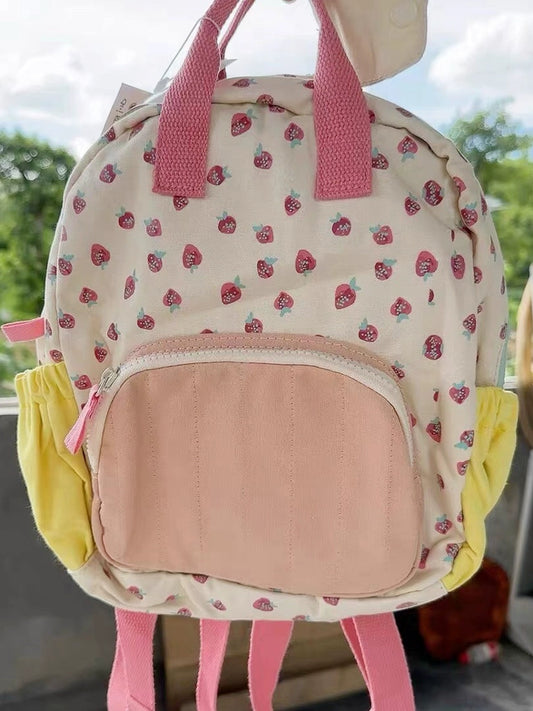 Xiaohongshu New Cartoon Strawberry Print Canvas Backpack Campus Student Schoolbag Contrast Color Girls' Backpack