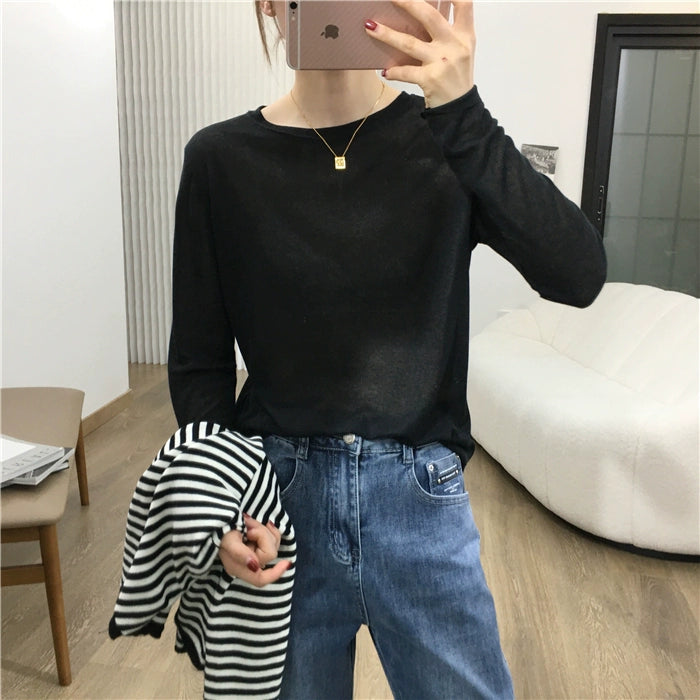 Simple Solid Color Long Sleeve Lightweight T-shirt