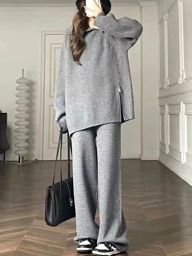 Suitable for Pregnant Women Suit Loose and Idle Side Zipper Turtleneck Knitting Sweater Loose Pants Two Piece Set for Pregnant Women