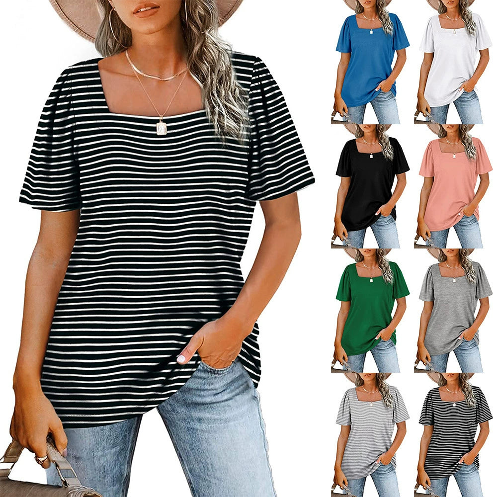 Women's New Smocked Striped Square Neck Short Sleeve T-shirt