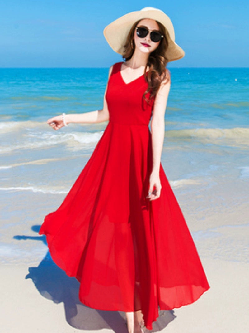 Bohemia Long Dress Beach Skirt Women's Summer 2024 New Arrival Seaside Vacation Skirt Swing Slim Looking Chiffon Dress