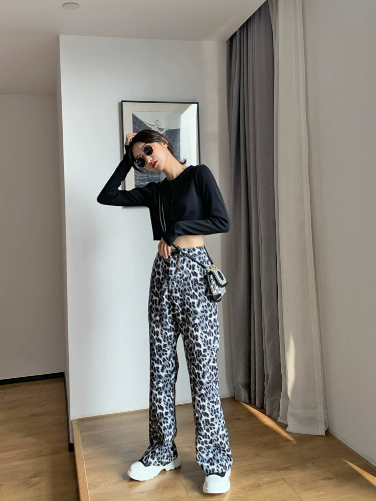 Women's High-End Leopard Print Trumpet Pants - High Waist, Casual, Slimming Drape, Retro Spring 2024 Mopping Pants