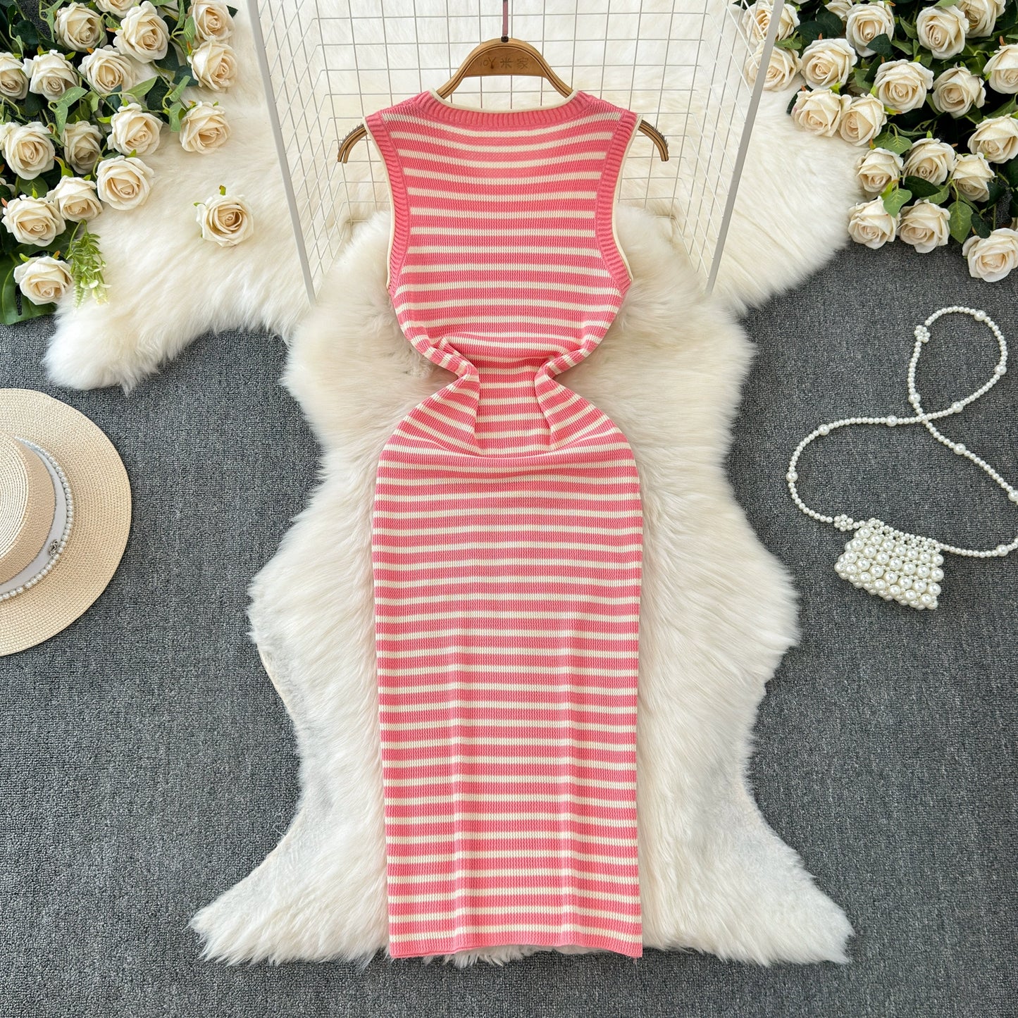 Summer New Temperament Crew Neck Sleeveless Stretch Waist Hip Knitted Dress No Slit Sleeve Hip-Wrapped Mid-Length Dress