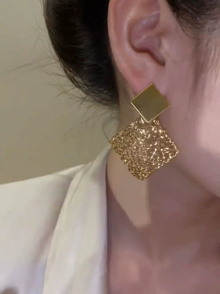Niche Style Unique Geometric Cut Out Square Metal Earrings Fashion Elegant Simple Cold Style Stylish Classy Female New