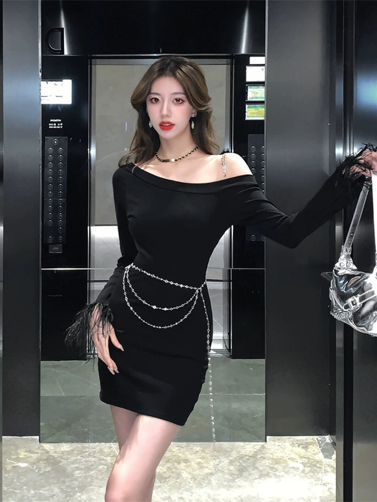 2023 New Sexy Black Slim-Fit Long Sleeve Dress