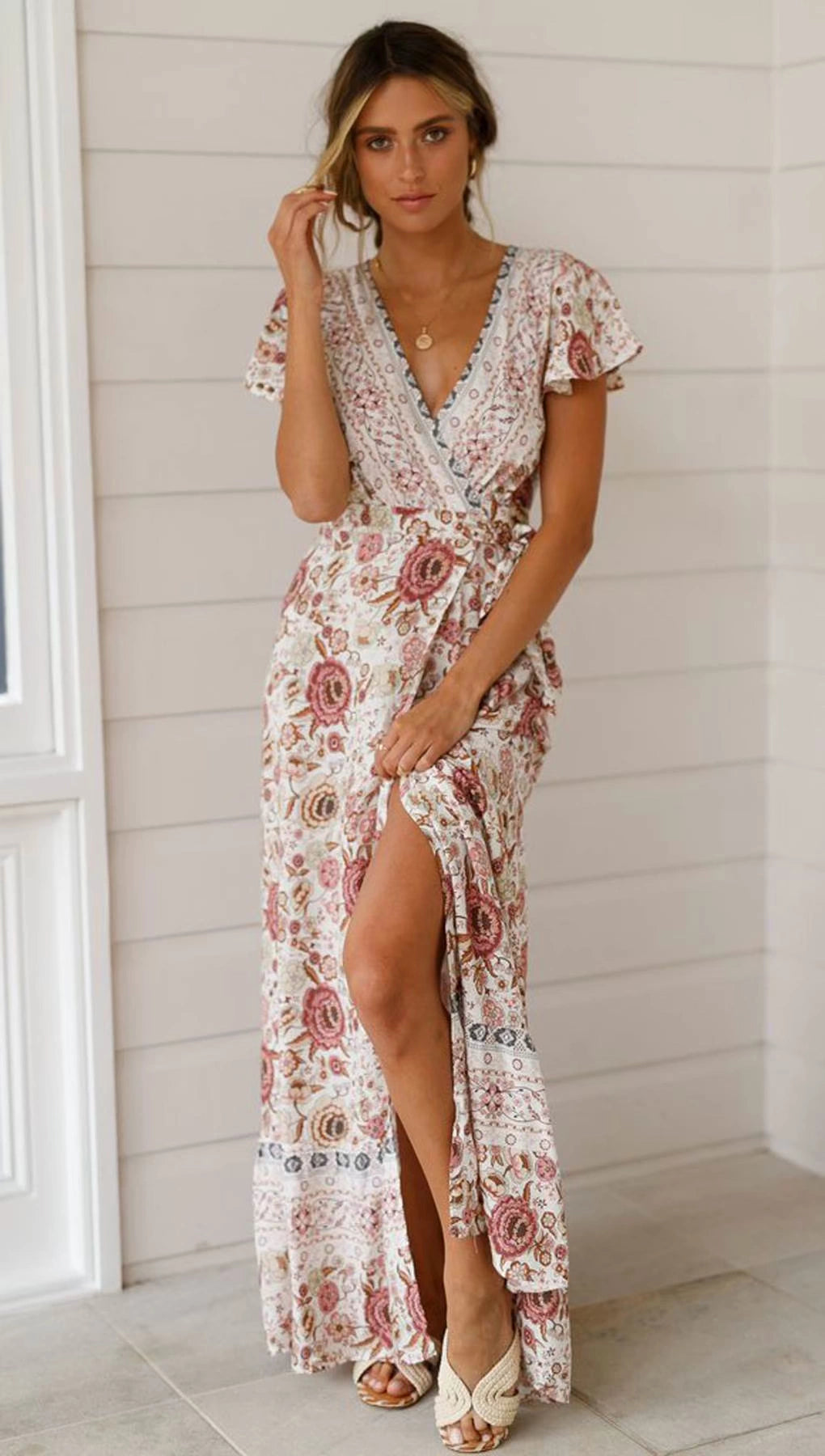 Short Sleeve Dress New Summer New Vacation V Neck Cardigan Strap Dress Print Beach Dress Long Skirt