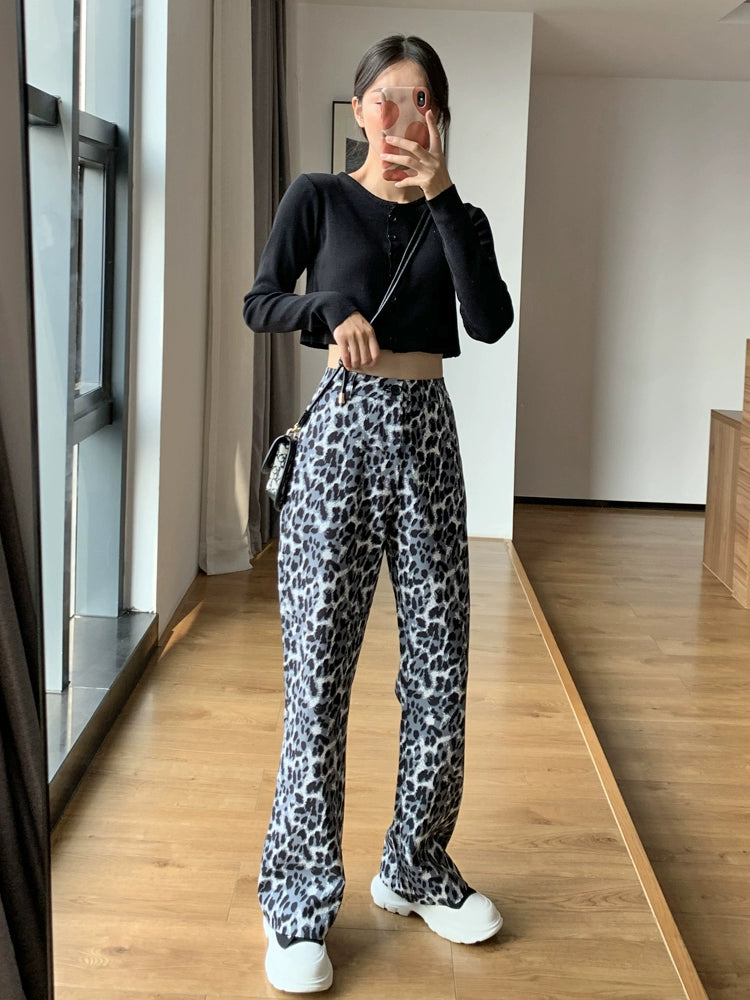 Women's High-End Leopard Print Trumpet Pants - High Waist, Casual, Slimming Drape, Retro Spring 2024 Mopping Pants