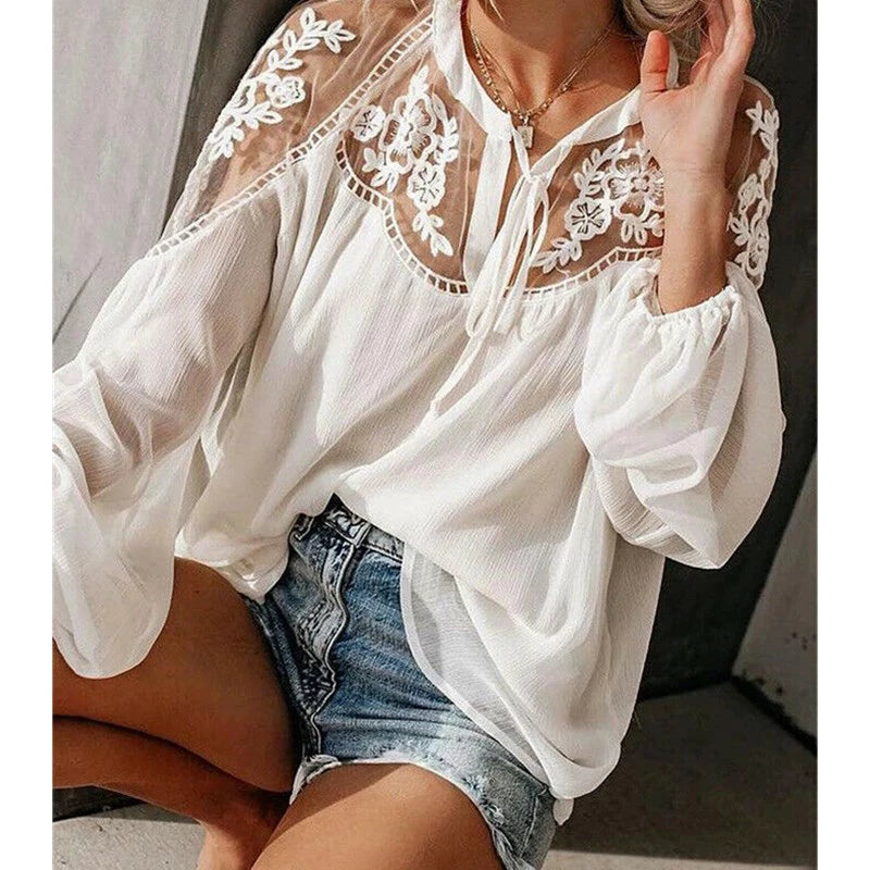 Summer Solid Color V-Neck Mesh Panel Shirt Mesh Stitching Shirt