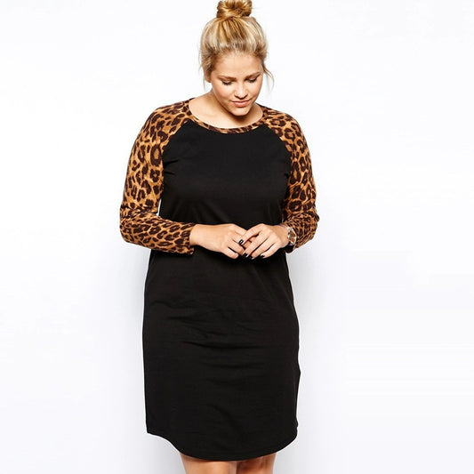 R'l European and American plus Plus Size Women's Leopard Print Printed Patchwork Long Sleeves Casual Dress Athleisure Casual Skirt 1210