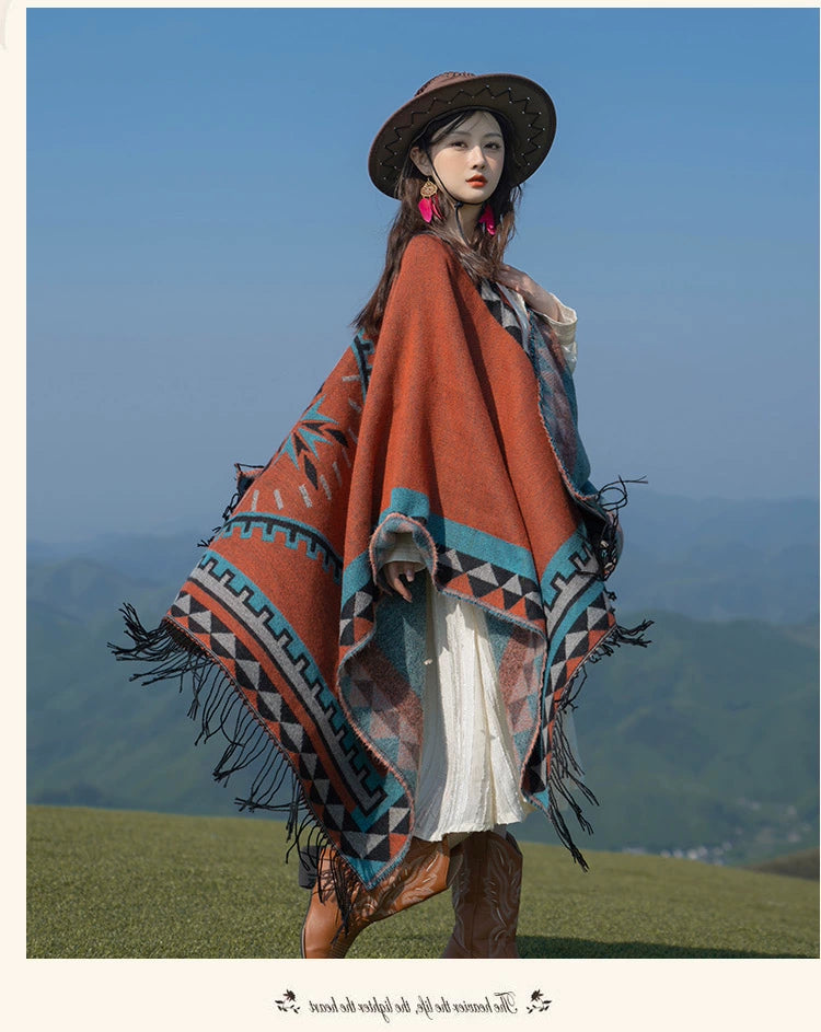 Early Autumn Travel Knit Cloak with Tassel Scarf