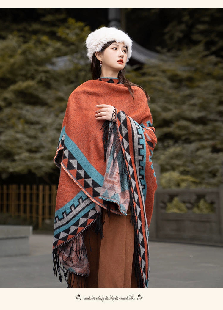 Early Autumn Travel Knit Cloak with Tassel Scarf