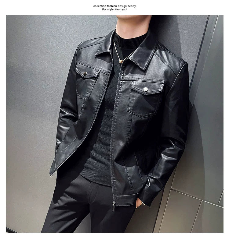 Thin Slim Leather Jacket Men's Lapel Leather Jacket Trendy Casual Classy Handsome Autumn and Winter Fleece-lined Motorcycle Jacket Men