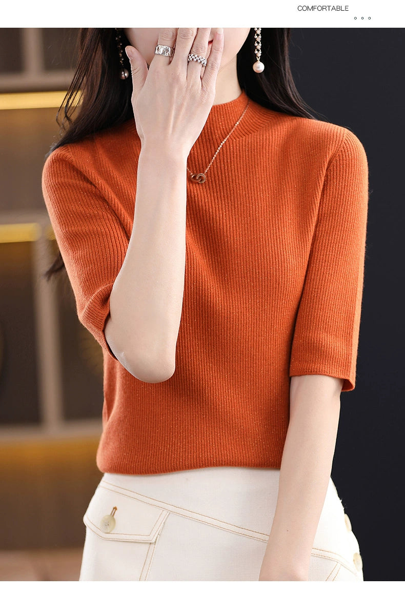 Spring & Fall Half Turtleneck Knitting Short Sleeve Women's Slim-Fit All-Match T-shirt Half Sleeve Shirt 2024 New Arrival Bottoming Shirt Half Sleeve