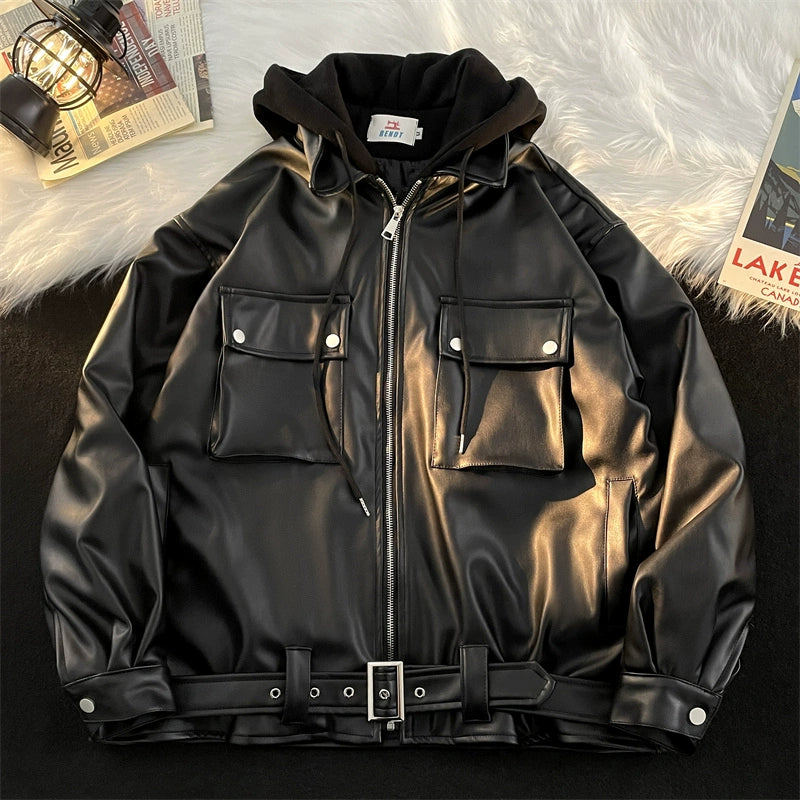 Spring and Autumn Loose American Fake Two-Piece Handsome Leather Coat