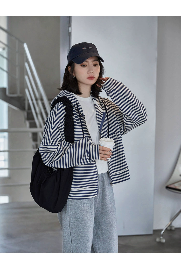 Striped Autumn Dress Loose Preppy Style Long Sleeves Hooded Sweatshirt