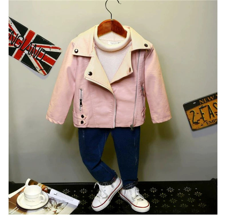 Spring and Autumn Korean Style PU Leather Lapel Fashion Baby Children's Clothing