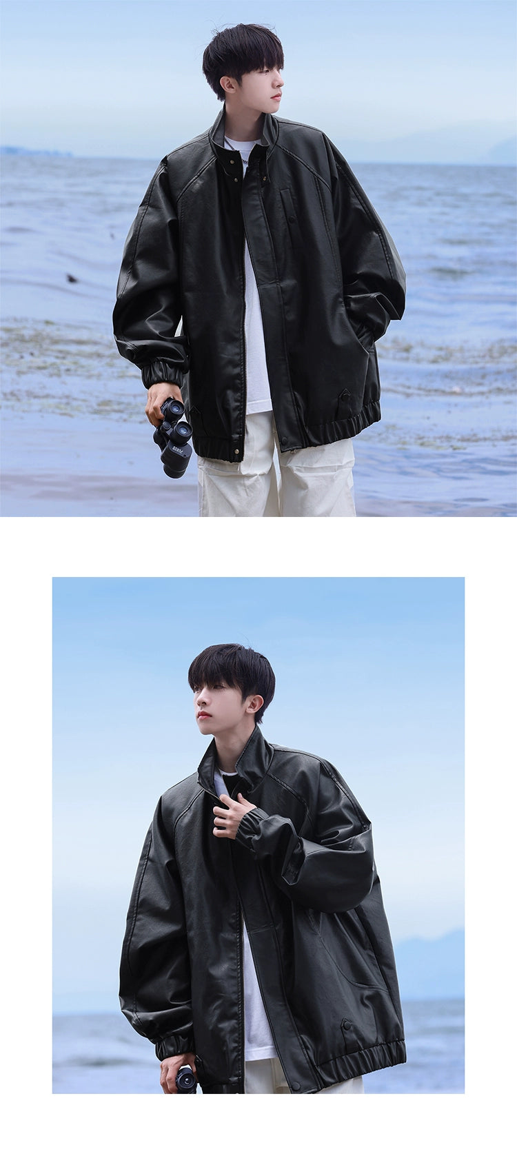 Cleanfit White PU Leather Coat Male 2023 Early Autumn New Arrival Hiphop High Street Pilot Parka Jacket