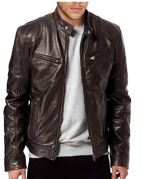 Plus Size 2024 Men's Stand-up Collar Slim Fit Leather Jacket Zipper Pocket Decorative PU Leather Coat Motorcycle Clothing Py31 Tep55