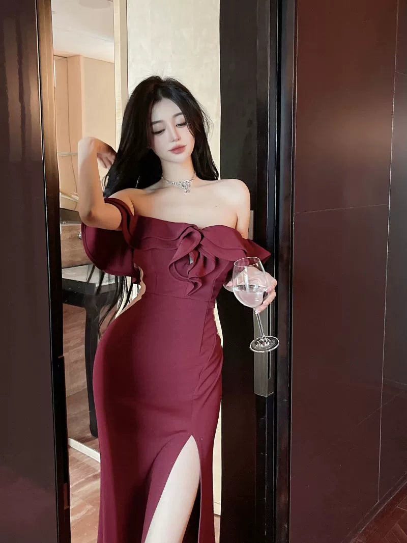 French Style Classy Sexy Open Back off-Shoulder Dress Female Summer Ruffles Temperament Sheath Split Evening Long Dress