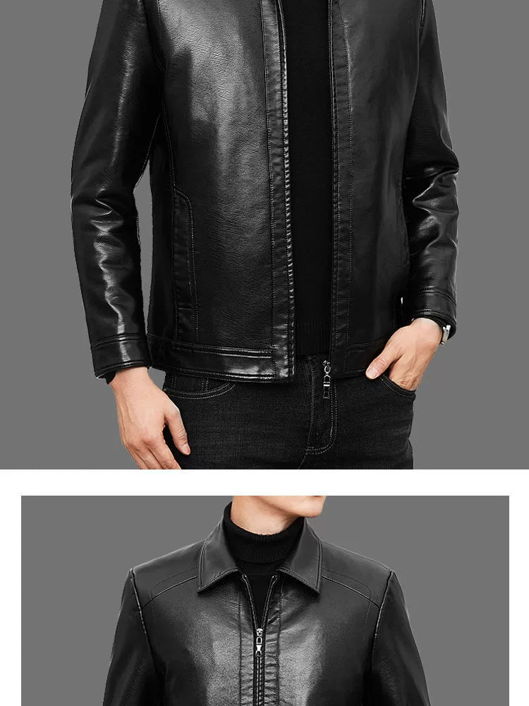 Middle-Aged and Elderly Fleece-lined Winter Reverse Collar Dad Leather Coat