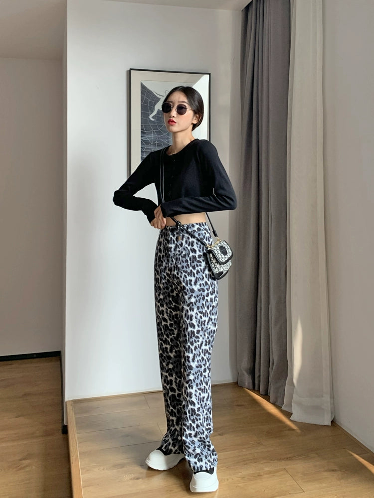 Women's High-End Leopard Print Trumpet Pants - High Waist, Casual, Slimming Drape, Retro Spring 2024 Mopping Pants