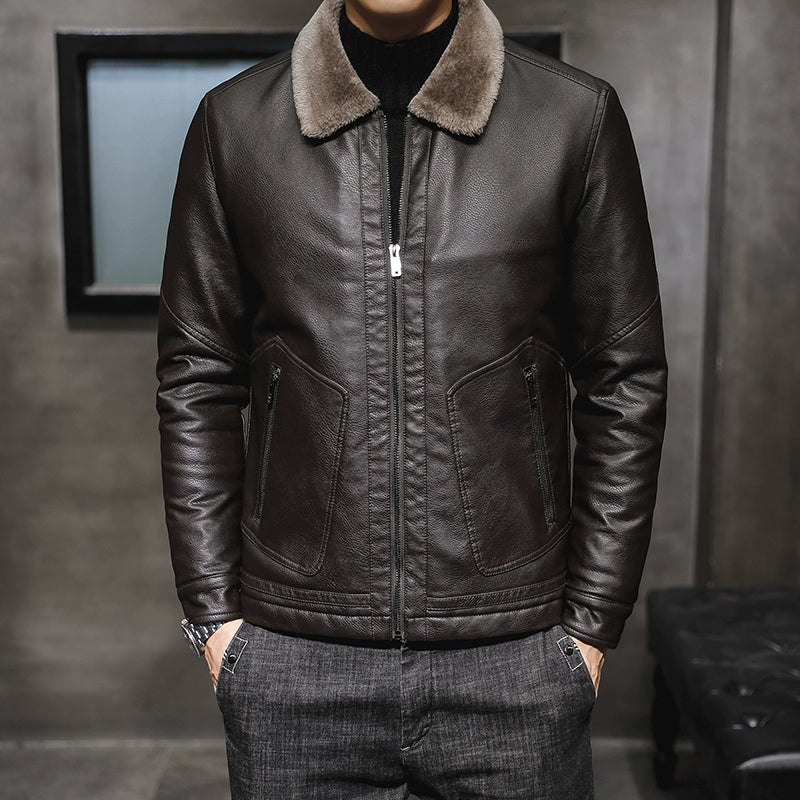 Winter Korean Style Fleece-Lined Thickened Handsome Lambswool Leather Jacket