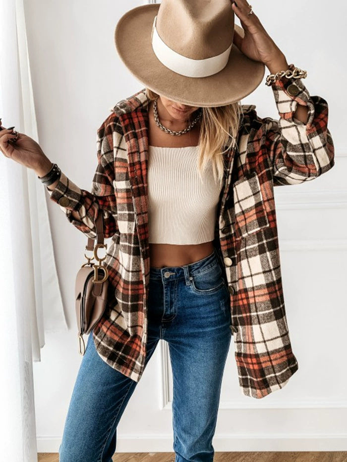 Women Ins Fashion Loose Casual Retro Plaid Long Sleeve Shirt