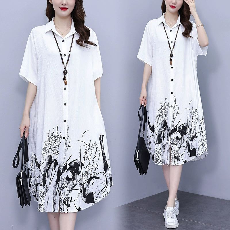 Plus Size Women's Clothing 2024 Summer New Arrival Plus Size Ladies Fashion Western Style Mid-Length Casual Easiest for Match Loose Shirt Dress