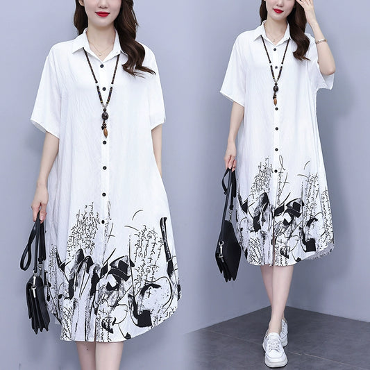 Plus Size Women's Clothing 2024 Summer New Arrival Plus Size Ladies Fashion Western Style Mid-Length Casual Easiest for Match Loose Shirt Dress