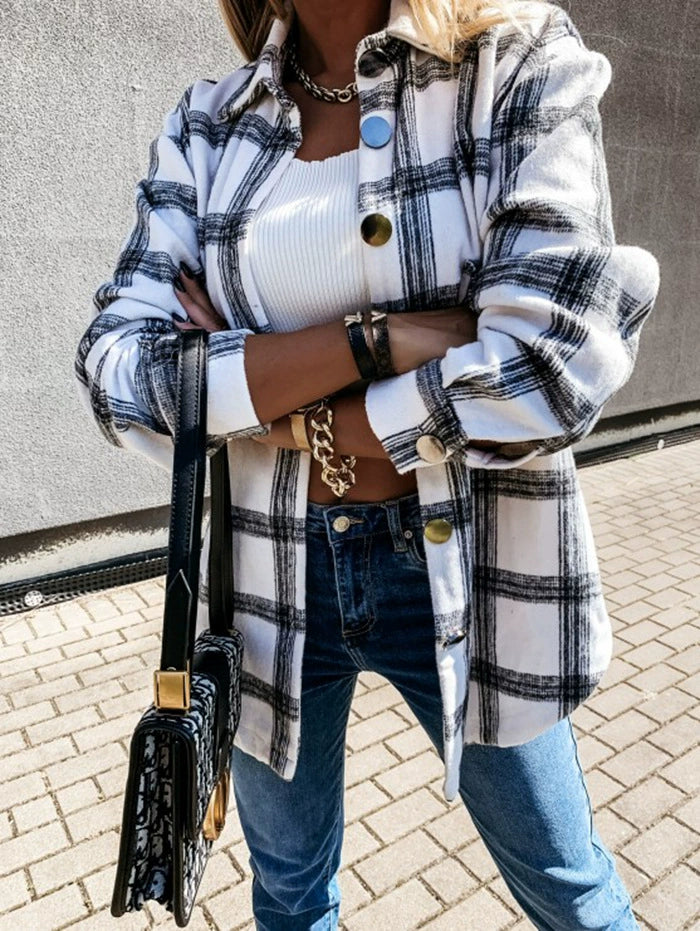 Women Ins Fashion Loose Casual Retro Plaid Long Sleeve Shirt